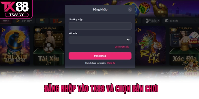 Đăng nhập vào TX88 và chọn bàn chơi